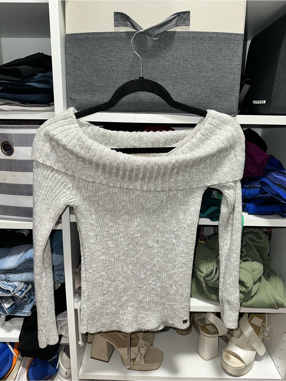 Hollister Light Gray Off-the-Shoulder Ribbed Sweater